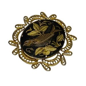 Vintage Damascene bird brooch goldtone filigree setting